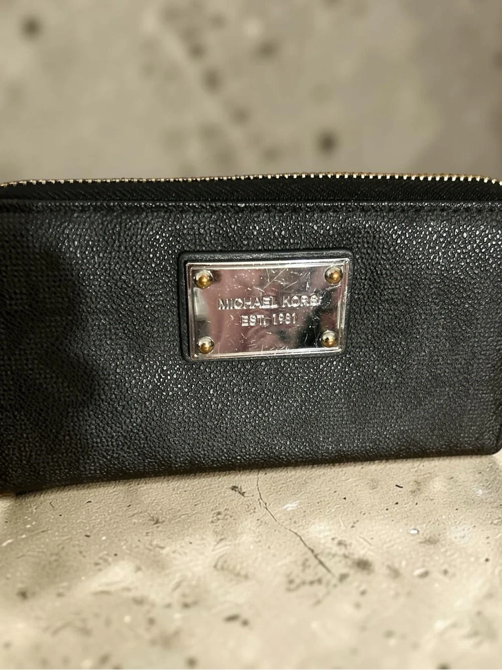 Michael Kors Black Pebbled Leather Zip-Around Wallet with Logo Plaque